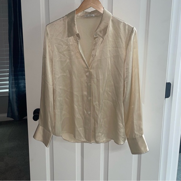 REFORMATION SKY 100% SILK SHIRT Elegant Cream Gold Silk Blouse {$255} Medium - Picture 2 of 8